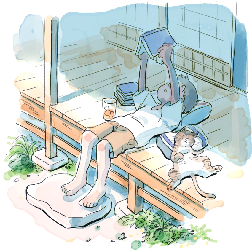 1boy, 1other, barefoot, beam, book, cat, cat_tail, commentary_request