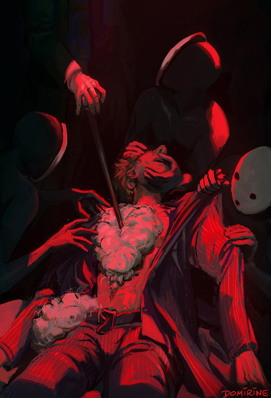 2men, belt, belt_buckle, black_suit, body_horror, cane, death, doll, domirine, dying, green_jacket, hand_on_face, mark_immortell, mask, pathologic, pathologic_2, pinstripe_pattern, pinstripe_suit, red_lightning, replacement, ripped_stitches, scarf, stitches, stuffing, theater, torn_clothes, tragedian, unbuckled_belt, white_mask