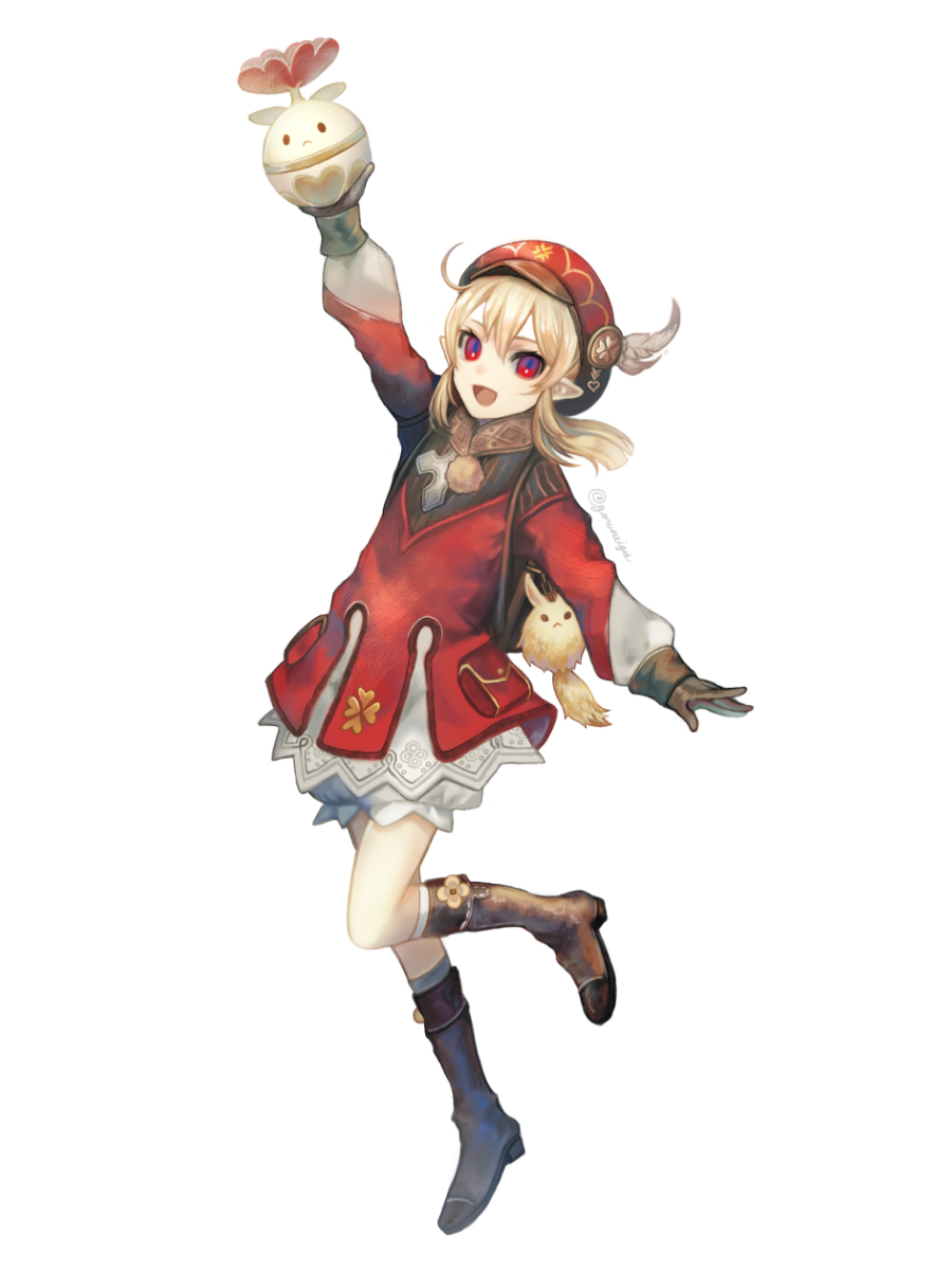 1girl, :d, ahoge, arm_up, backpack, bag, bag_charm, bangs