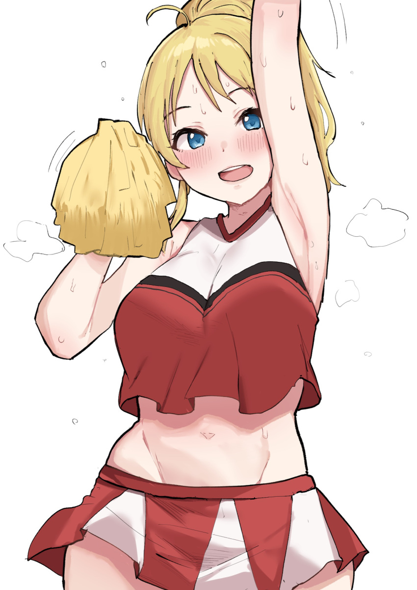 1girl, arm_up, armpits, blonde_hair, blue_eyes, blush, breasts, cheerleader