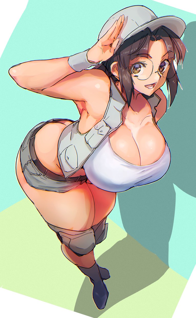 1girl, armpits, bangs, bare_shoulders, baseball_cap, bent_over, breasts, brown_eyes