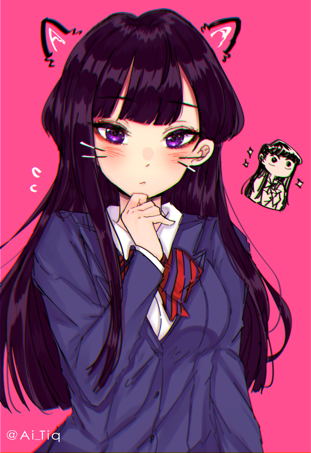 1girl, ai_tiq, bangs, black_hair, blazer, blue_jacket, blush, bow