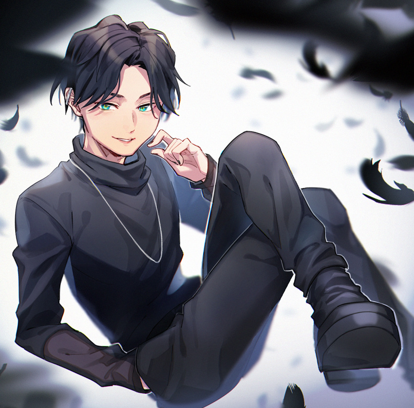 1boy, aam09212, aqua_eyes, bishounen, black_feathers, black_pants, black_shirt, black_sleeves