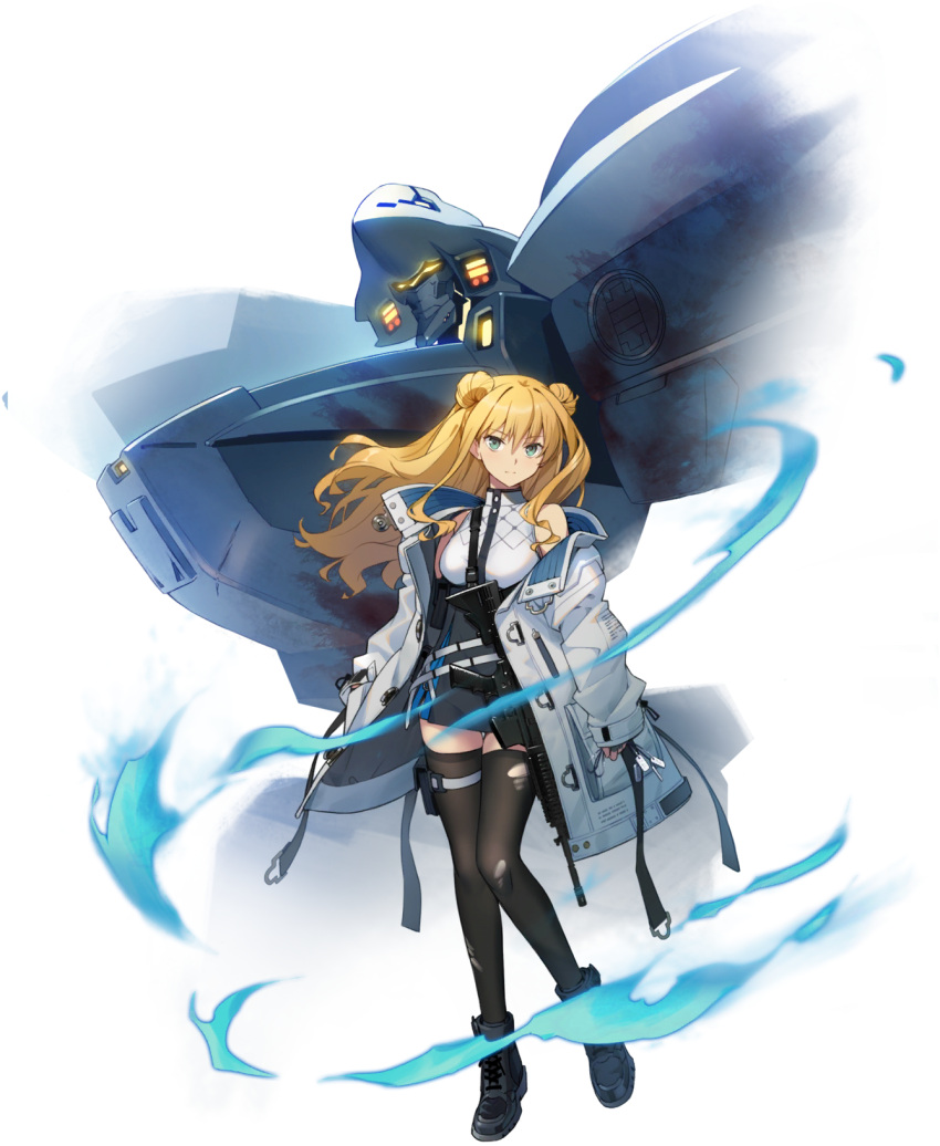 1girl, artist_request, bangs, black_footwear, black_legwear, blonde_hair, boots, breasts, dog_tags, f-18_hornet_(muvluv), floating, green_eyes, highres, holding, holding_jewelry, holding_necklace, immortals:_muvluv_alternative, jacket, jewelry, lilia_kjellberg, long_hair, mecha, medium_breasts, muvluv, muvluv_alternative, muvluv_unlimited:_the_day_after, necklace, non-web_source, official_art, science_fiction, sleeves_past_wrists, tactical_surface_fighter, thigh-highs, torn_clothes, torn_legwear, transparent_background, white_jacket