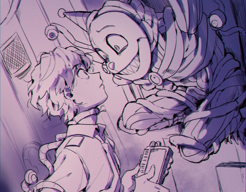 1boy, bound, clown_nose, ennard, extra_eyes, eye_contact, five_nights_at_freddy's, five_nights_at_freddy's:_sister_location