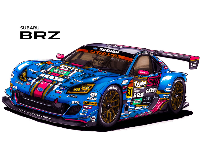 1boy, car, commentary_request, driving, english_text, ground_vehicle, helmet, highres, motor_vehicle, original, race_vehicle, racecar, simple_background, spoiler_(automobile), sticker, subaru_(brand), subaru_brz, takashi_mamiya, vehicle_focus, white_background