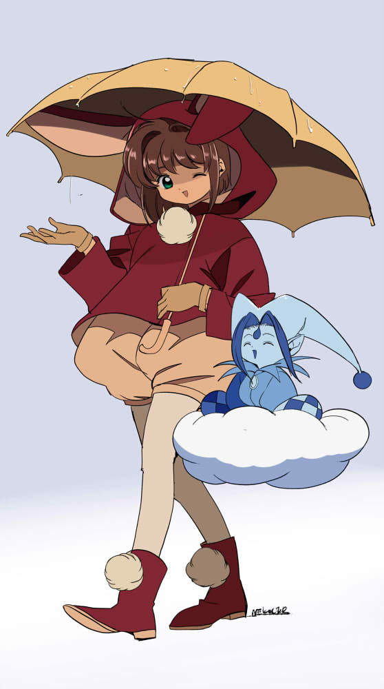 animal_ears, boots, brown_hair, cardcaptor_sakura, child, closed_eyes, cloud_(clow_card), clouds, edoya_inuhachi, gloves, green_eyes, kinomoto_sakura, magical_girl, one_eye_closed, open_mouth, rabbit_ears, red_footwear, simple_background, umbrella, yellow_gloves