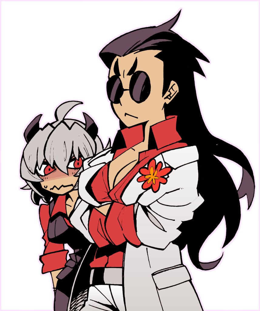 2girls, belt, black_belt, black_hair, breasts, demon_girl, demon_horns, genderswap