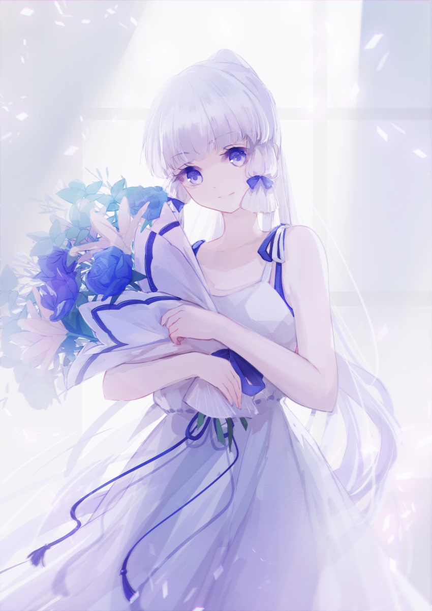 1girl, absurdres, alternate_costume, backlighting, bangs, bare_shoulders, blue_eyes, blue_flower, blue_rose, blurry, blurry_background, bouquet, chinese_commentary, collarbone, commentary_request, cowboy_shot, curtains, dress, eyebrows_visible_through_hair, flower, genshin_impact, highres, holding, holding_bouquet, indoors, kamisato_ayaka, long_hair, looking_at_viewer, morh, ponytail, rose, sidelocks, sleeveless, sleeveless_dress, smile, solo, standing, white_dress, white_hair, window