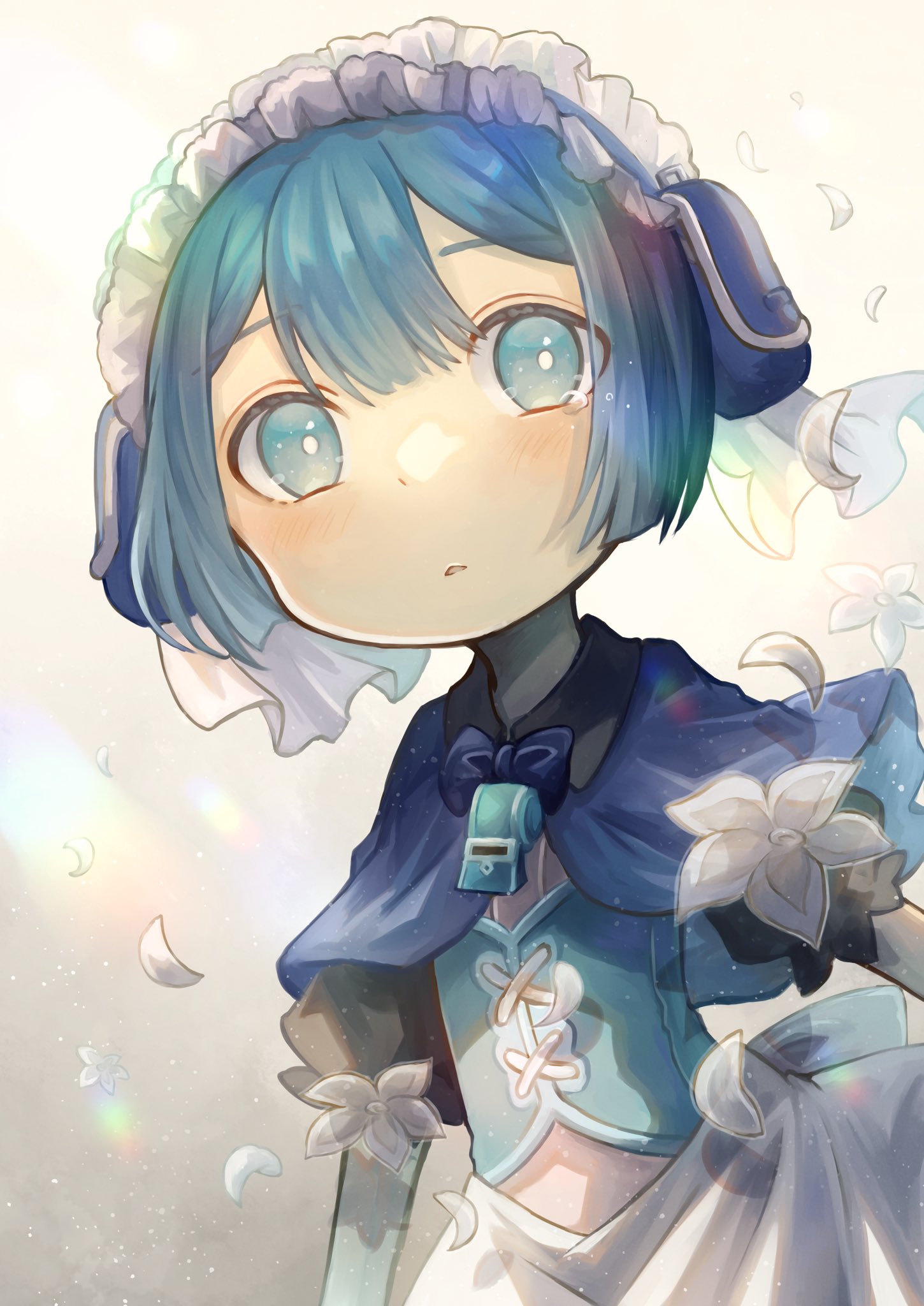 1boy, blue_bow, blue_bowtie, blue_capelet, blue_corset, blue_eyes, blue_hair, blue_hairband, blush, bow, bowtie, bright_pupils, capelet, child, commentary_request, corset, falling_petals, flower, frilled_hairband, frilled_sleeves, frills, hairband, halogenfluorite, highres, looking_at_viewer, made_in_abyss, male_focus, maruruk, otoko_no_ko, parted_lips, petals, pouch, puffy_short_sleeves, puffy_sleeves, short_sleeves, single_tear, skirt, solo, upper_body, whistle, whistle_around_neck, white_background, white_flower, white_pupils, white_skirt, wind