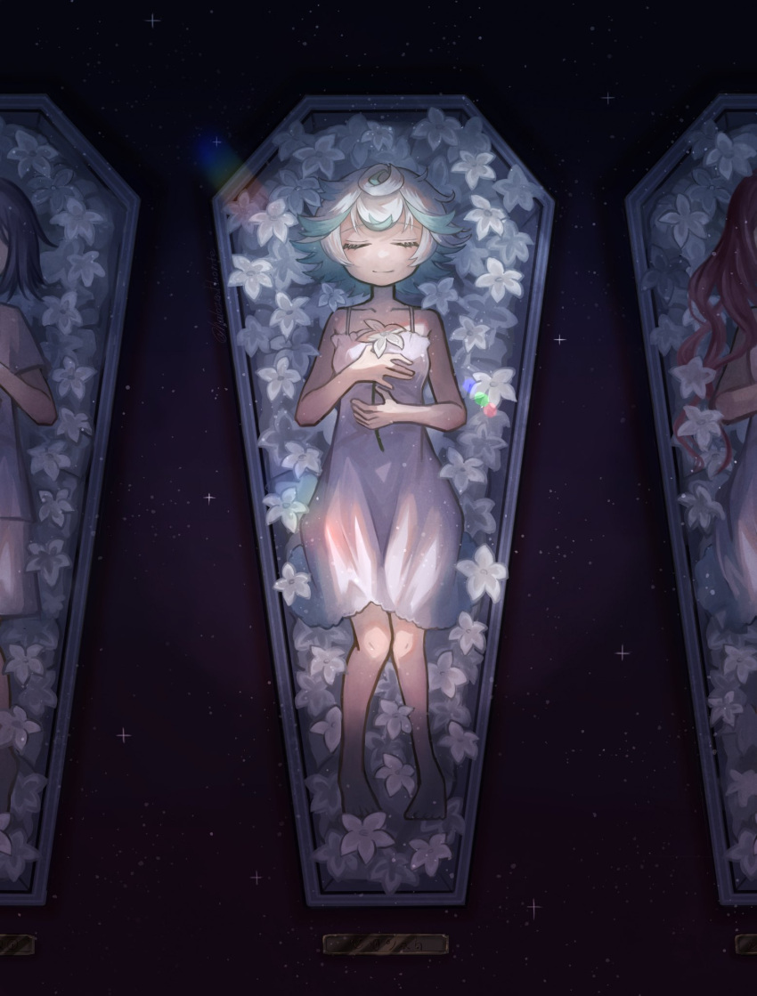 3girls, alternate_costume, bad_feet, bare_shoulders, barefoot, black_hair, closed_eyes, closed_mouth, coffin, commentary_request, curly_hair, dress, flower, green_hair, halogenfluorite, hand_on_own_chest, highres, knees_together_feet_apart, long_hair, lying, made_in_abyss, made_in_abyss_runes, multicolored_hair, multiple_girls, on_back, out_of_frame, prushka, redhead, short_hair, short_sleeves, smile, spaghetti_strap, sparkle, spotlight, streaked_hair, sundress, twitter_username, white_dress, white_flower, white_hair