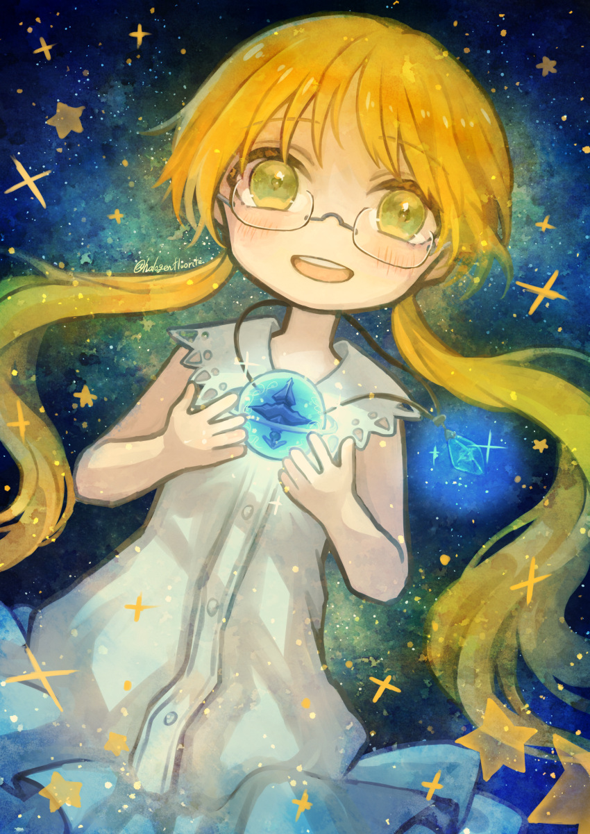 1girl, absurdres, bad_hands, blonde_hair, blue_background, blush, child, commentary_request, cowboy_shot, dress, dutch_angle, eyebrows_visible_through_hair, frilled_dress, frills, glasses, green_eyes, halogenfluorite, hands_up, highres, jewelry, long_hair, looking_at_viewer, made_in_abyss, multiple_sources, open_mouth, pendant, riko_(made_in_abyss), sleeveless, sleeveless_dress, smile, solo, sparkle, star_(sky), star_(symbol), star_compass, twitter_username, very_long_hair, white_dress