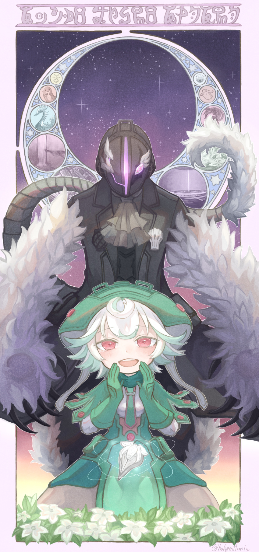1boy, 1girl, absurdres, animal_hands, ascot, black_coat, bondrewd, border, breasts, child, claws, coat, commentary_request, damaged, dawn, dress, flower, gloves, glowing, green_dress, green_gloves, green_hair, green_headwear, green_necktie, grey_ascot, grey_hair, halogenfluorite, hands_up, hat, helm, helmet, highres, kasshougashira, long_sleeves, looking_at_viewer, maaa, made_in_abyss, made_in_abyss_runes, meinya_(made_in_abyss), multiple_sources, necktie, open_clothes, open_coat, open_mouth, outside_border, prushka, red_eyes, ryuusazai, short_hair, sky, small_breasts, spoilers, standing, star_(sky), star_(symbol), starry_sky, stick_figure, straight-on, tail, teeth, translation_request, twitter_username, upper_teeth, whistle, white_border, white_flower, white_fur
