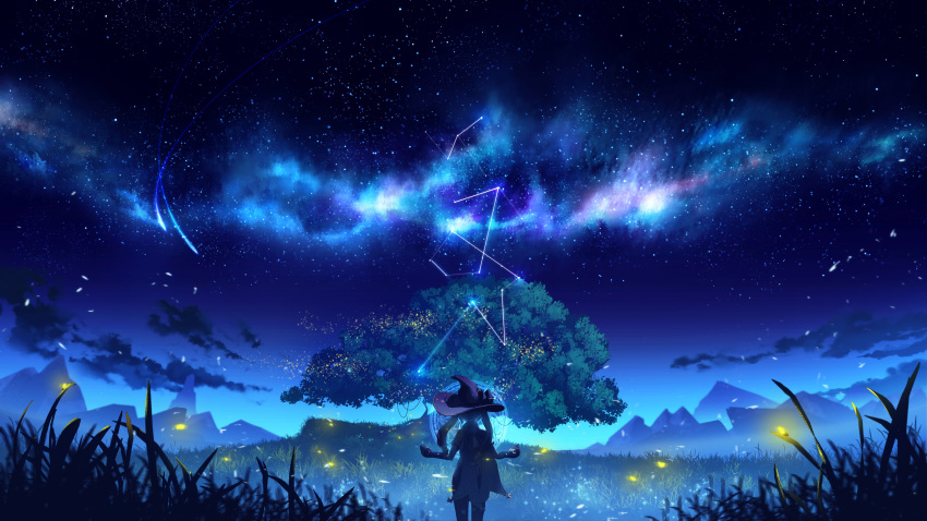 1girl, absurdres, black_hair, blue_headwear, blurry, blurry_foreground, bug, commentary_request, depth_of_field, falling_star, fireflies, firefly, from_behind, galaxy, genshin_impact, grass, hat, highres, long_hair, magic_circle, mona_(genshin_impact), mountain, mountainous_horizon, night, night_sky, outdoors, scenery, sky, solo, standing, star_(sky), starry_sky, tree, twintails, witch_hat, zi13591