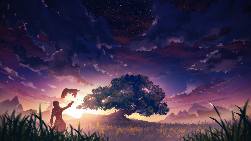 1boy, absurdres, bird, blurry, blurry_foreground, clouds, cloudy_sky, commentary_request