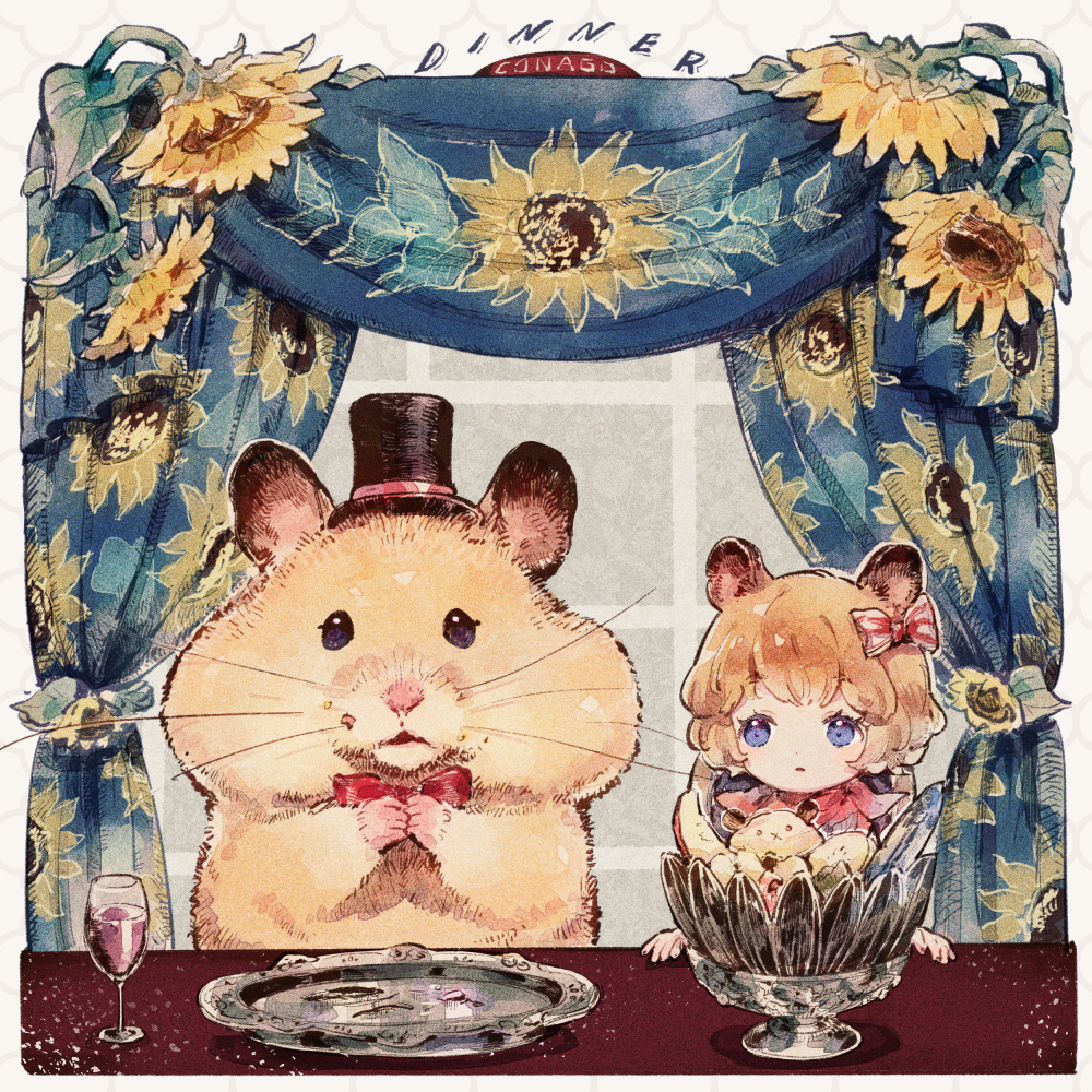1girl, animal, animal_ears, blue_eyes, bow, conago, curtains, dinner
