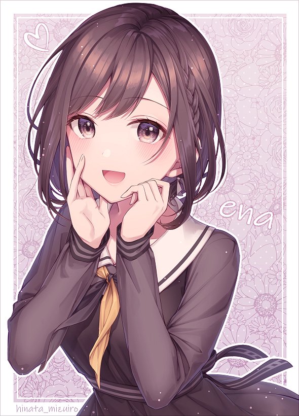 1girl, braid, brown_eyes, brown_hair, dress, hands_on_own_face, hands_up, hinata_mizuiro