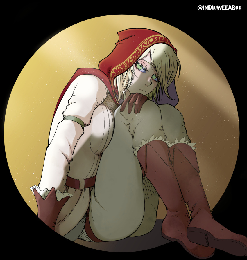 blonde_hair, breast_press, brown_footwear, brown_gloves, cloak, depressed, elden_ring, gloves