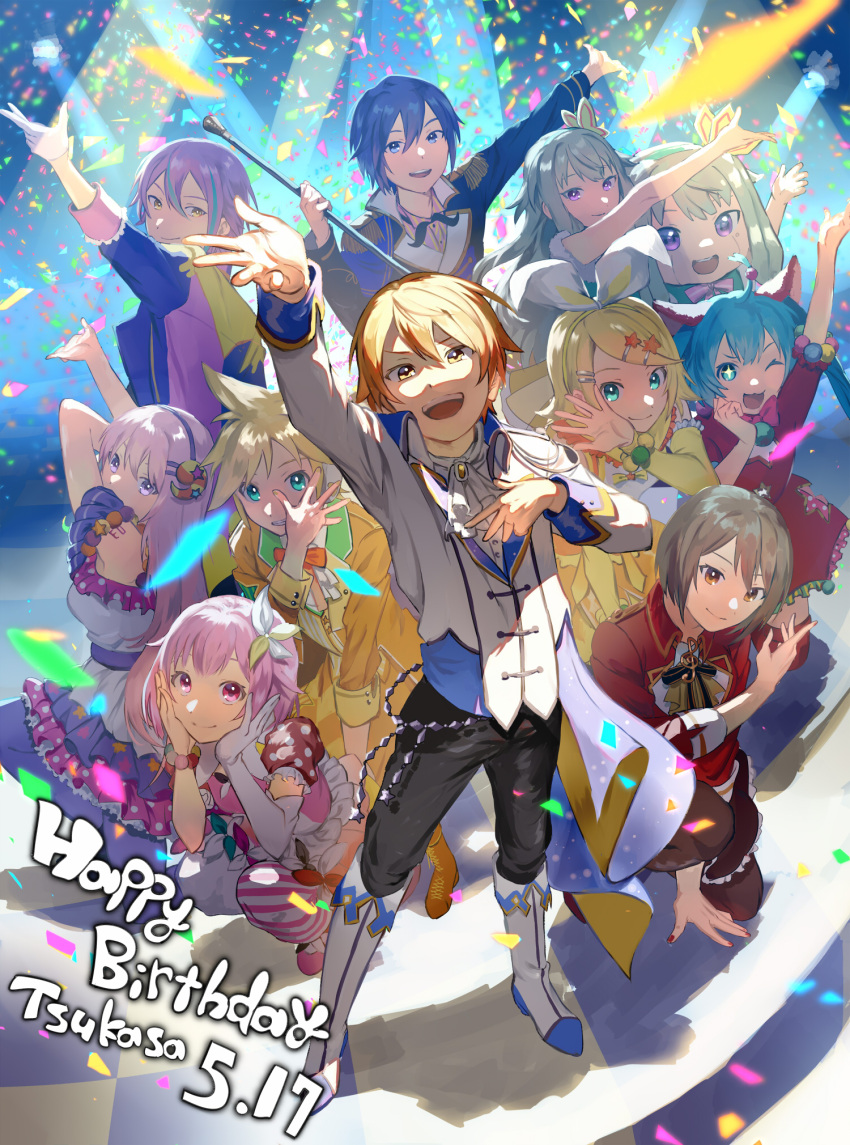 4boys, 6+girls, :d, arm_up, blonde_hair, blue_hair, confetti, happy_birthday