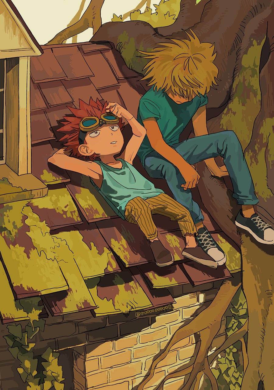 2boys, blonde_hair, child, eustass_captain_kid, eyewear_on_head, highres, killer_(one_piece), lying, male_focus, mulso, multiple_boys, on_back, one_piece, outdoors, redhead, rooftop, short_sleeves, sitting_on_roof, sleeveless, tree, younger