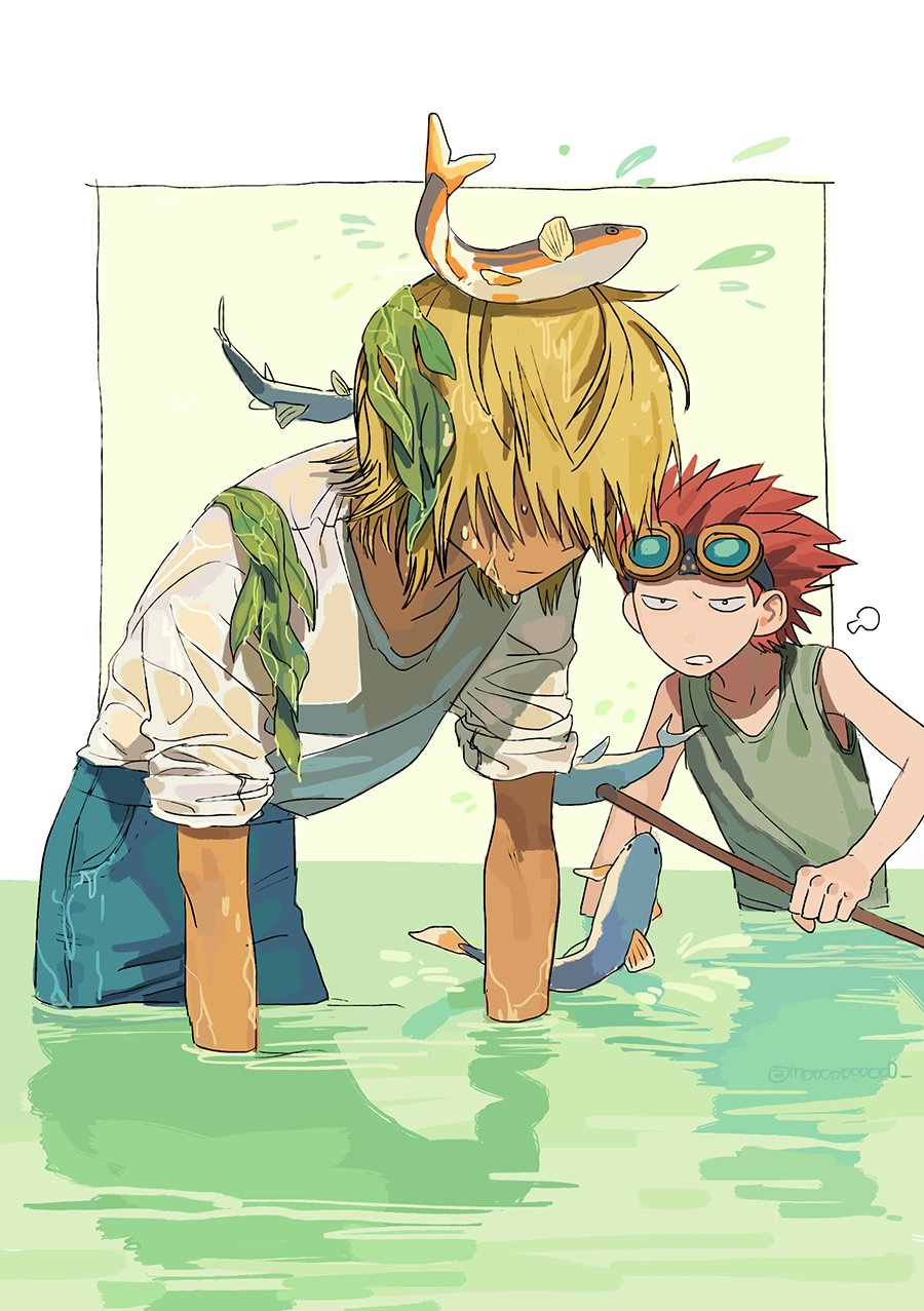 2boys, blonde_hair, child, eustass_captain_kid, fish, fishing, hair_over_eyes, highres