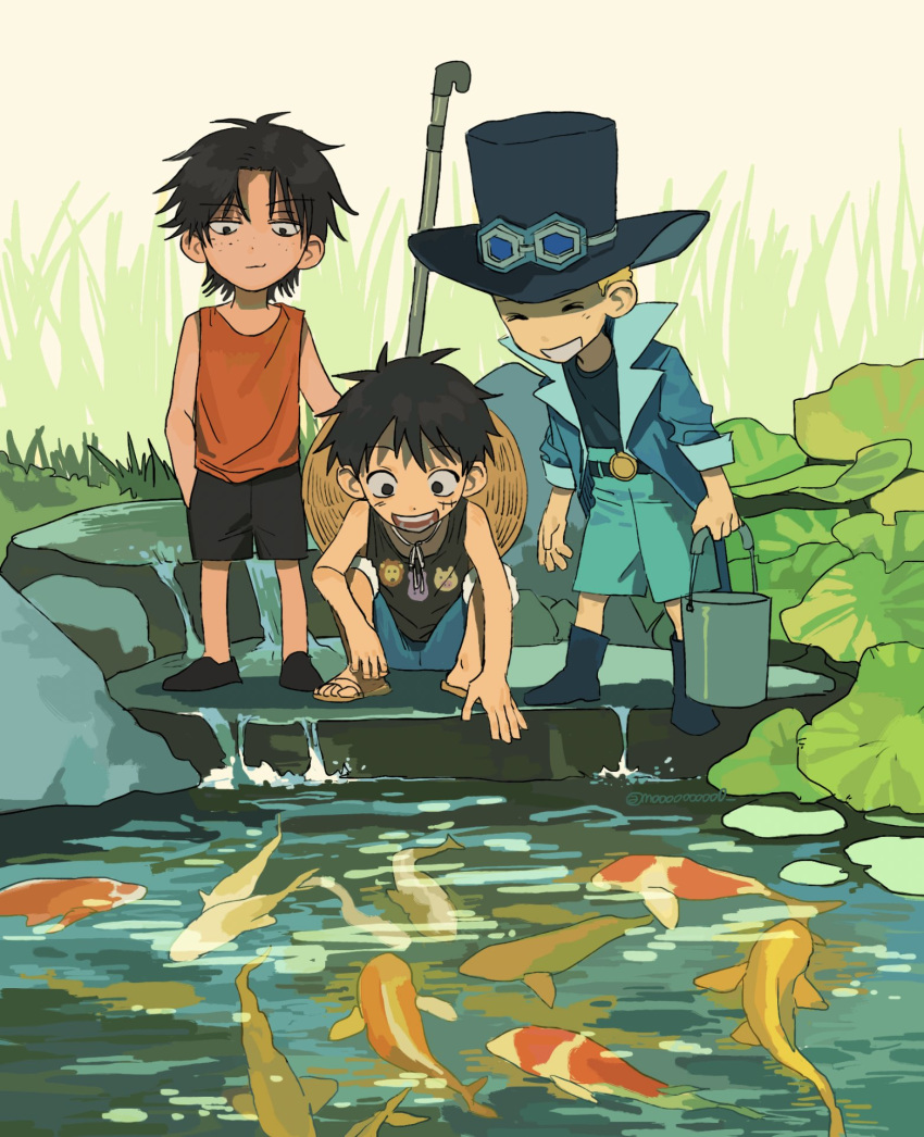 3boys, :d, ^_^, ^o^, black_hair, blonde_hair, brothers, bucket