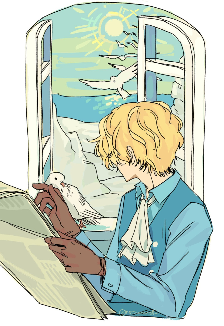 1boy, ascot, bird, blonde_hair, from_behind, gloves, highres, long_sleeves