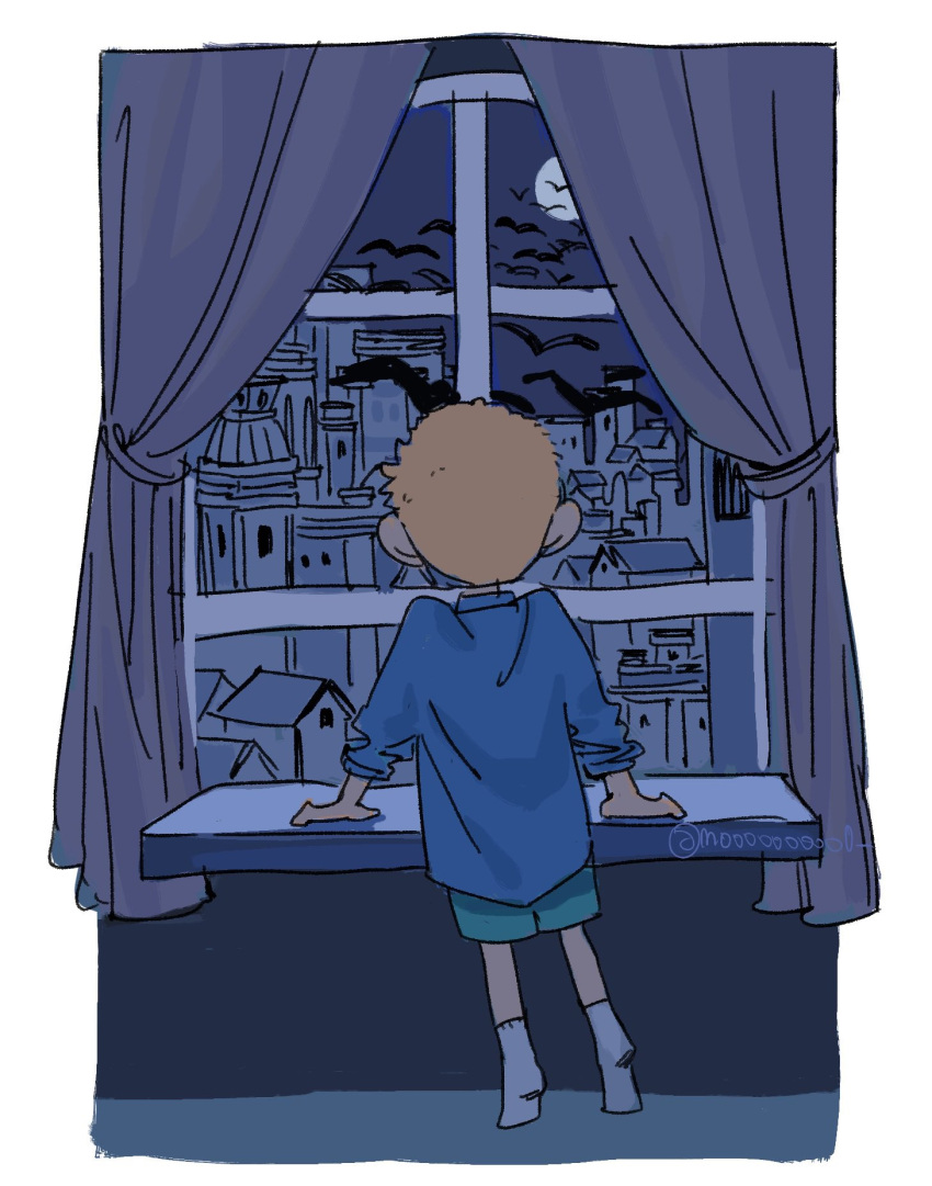 1boy, blonde_hair, curtains, from_behind, highres, looking_outside, mulso, night