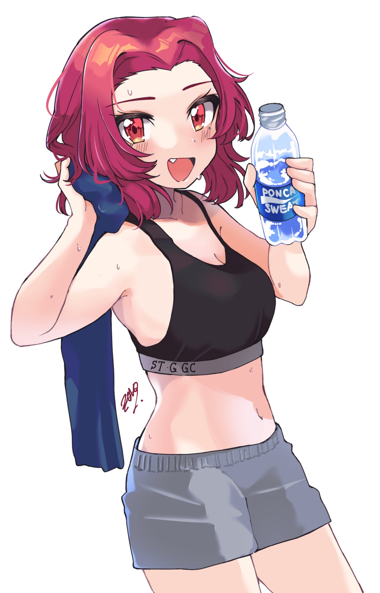 1girl, alternate_costume, armpits, black_bra, blush, bra, breasts, fangs