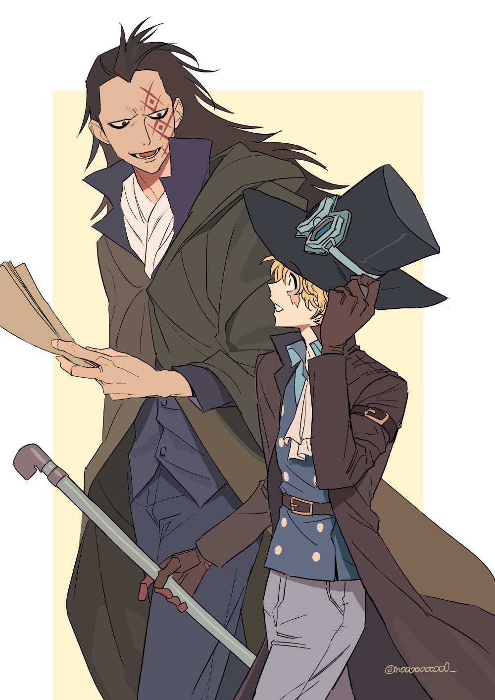 2boys, :d, ascot, black_hair, blonde_hair, cape, coat, eyewear_on_headwear