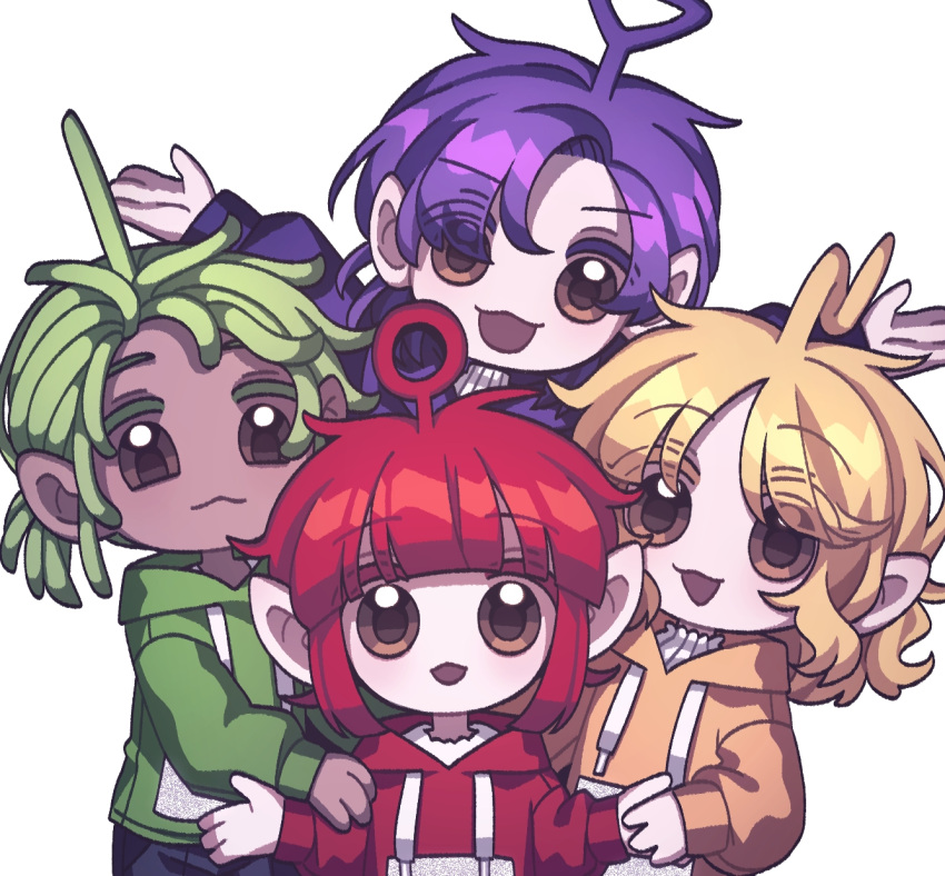 2boys, 2girls, :3, :d, antenna_hair, appleheart04, bangs, black_wings
