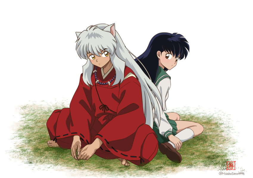 1boy, 1girl, animal_ears, black_hair, chamisuke, couple, crossed_legs, dog_ears, highres, higurashi_kagome, inuyasha, inuyasha_(character), japanese_clothes, jewelry, kimono, long_hair, necklace, school_uniform, serafuku, sitting, skirt, wariza, white_hair, wide_sleeves, yellow_eyes, youkai