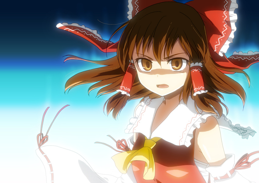 bow, brown_eyes, brown_hair, crossover, detached_sleeves, hair_ribbon, hakurei_reimu, japanese_clothes
