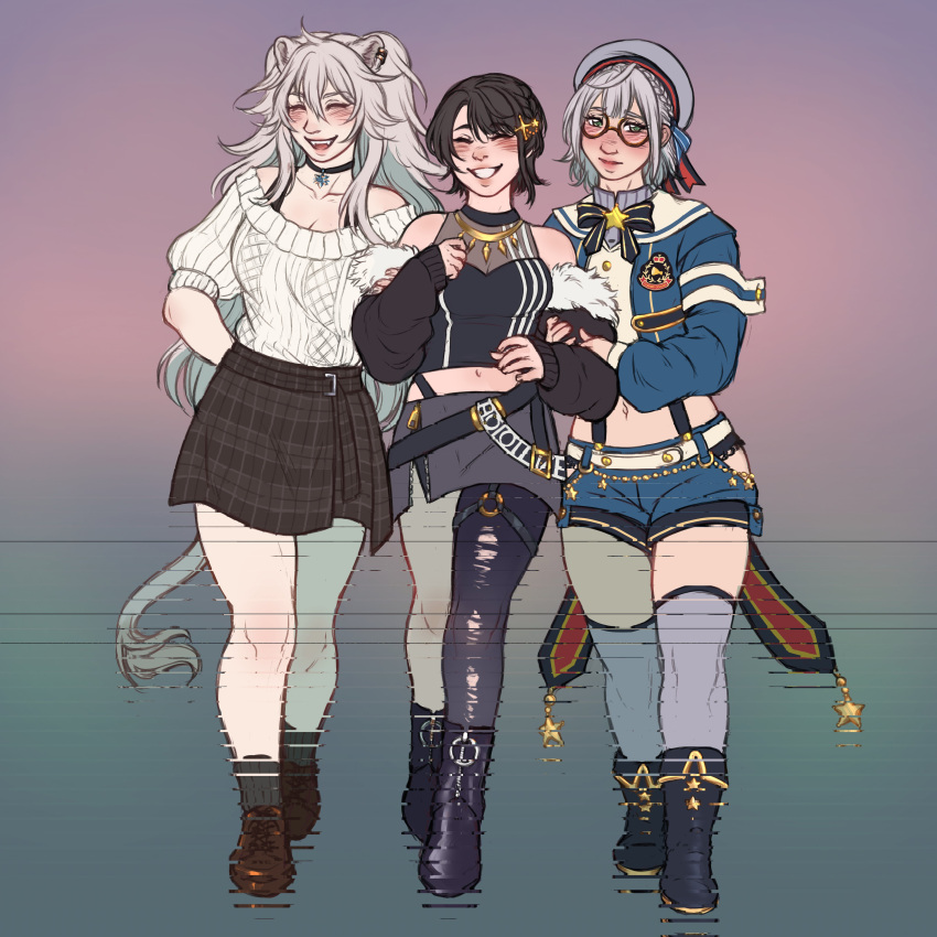 3girls, absurdres, animal_ears, black_footwear, black_legwear, black_shirt, black_skirt, blush