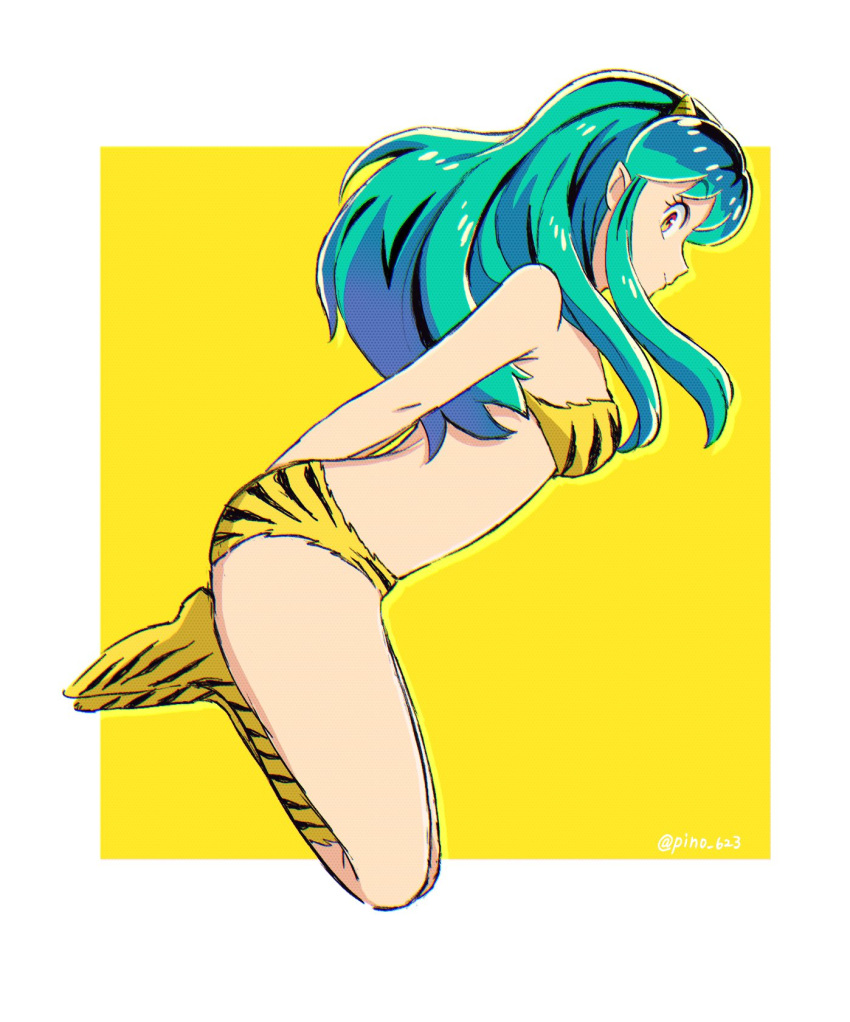1girl, animal_print, aqua_hair, arms_behind_back, bare_arms, border, bra, closed_mouth, floating_hair, from_side, full_body, highres, horns, kneehighs, long_hair, lum, outside_border, panties, pinoko_(pnk623), print_bra, print_legwear, profile, shiny, shiny_hair, sketch, solo, straight_hair, tiger_panties, tiger_print, twitter_username, underwear, underwear_only, urusei_yatsura, white_border, yellow_background, yellow_bra, yellow_eyes, yellow_legwear, yellow_panties