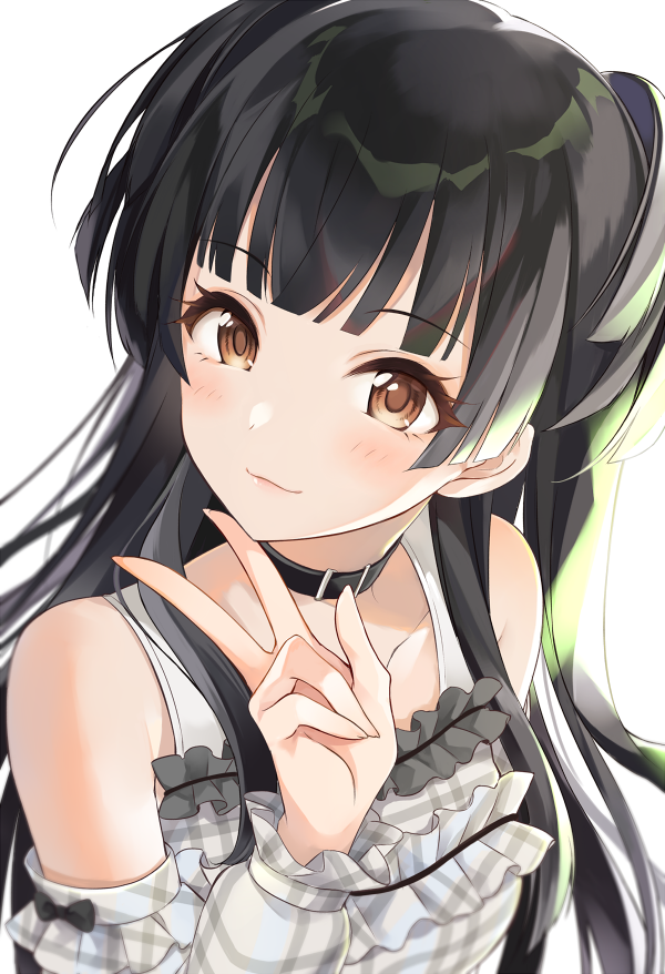 1girl, :3, bangs, black_collar, black_hair, blunt_bangs, brown_eyes, closed_mouth, collar, collarbone, eyebrows_visible_through_hair, idolmaster, idolmaster_shiny_colors, long_hair, mayuzumi_fuyuko, q-v_(levia), shiny, shiny_hair, smile, solo, upper_body, w, white_background