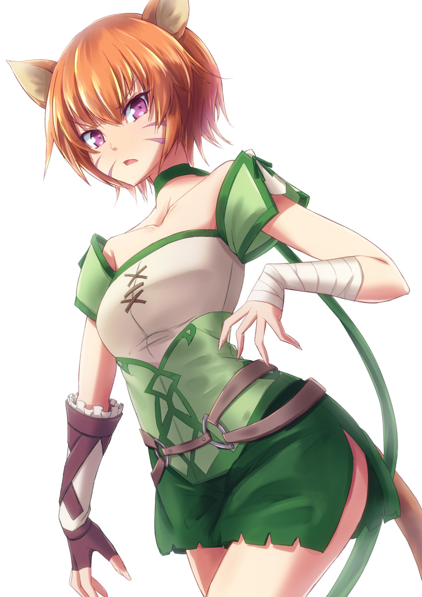 1girl, animal_ears, asymmetrical_gloves, bandaged_arm, bandages, brown_gloves, brown_hair, cat_ears