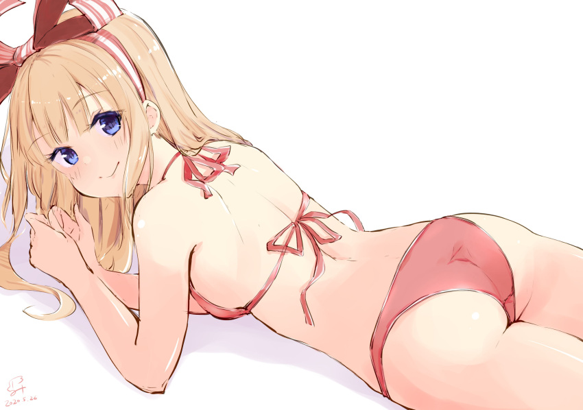 1girl, ass, atelier_(series), atelier_firis, bangs, bare_arms, bikini, blonde_hair