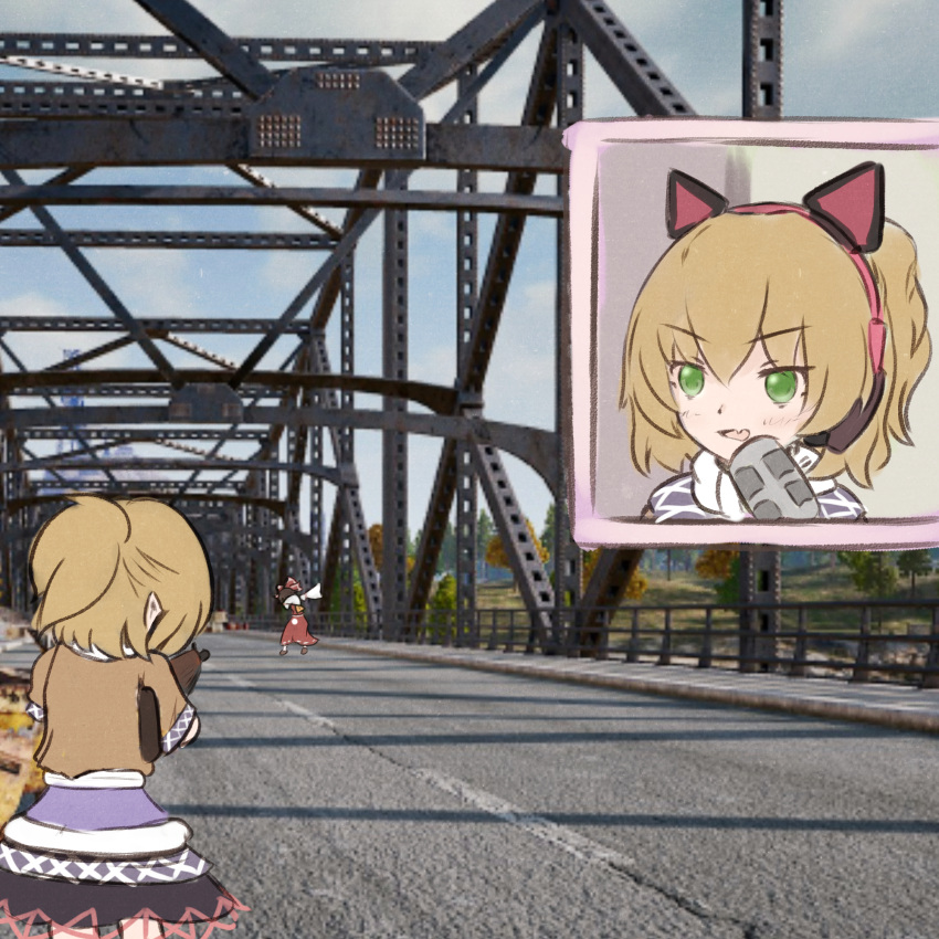 2girls, animal_ears, ascot, bangs, black_skirt, blonde_hair, blue_sky, bow, bridge, brown_shirt, cat_ear_headphones, cat_ears, clouds, commentary, dab_(dance), day, detached_sleeves, eyebrows_visible_through_hair, fake_animal_ears, fang, feet_out_of_frame, green_eyes, gun, hair_bow, hakurei_reimu, headphones, highres, holding, holding_gun, holding_weapon, looking_at_another, meme, microphone, mizuhashi_parsee, multiple_girls, open_mouth, outdoors, pewdiepie, pewdiepie's_pubg_livestream_n-word_controversy_(meme), photo_background, playerunknown's_battlegrounds, pointy_ears, red_bow, red_skirt, rifle, scarf, shirt, short_hair, short_ponytail, short_sleeves, skin_fang, skirt, sky, solo_focus, touhou, tree, weapon, white_scarf, white_sleeves, yellow_ascot, yenyen