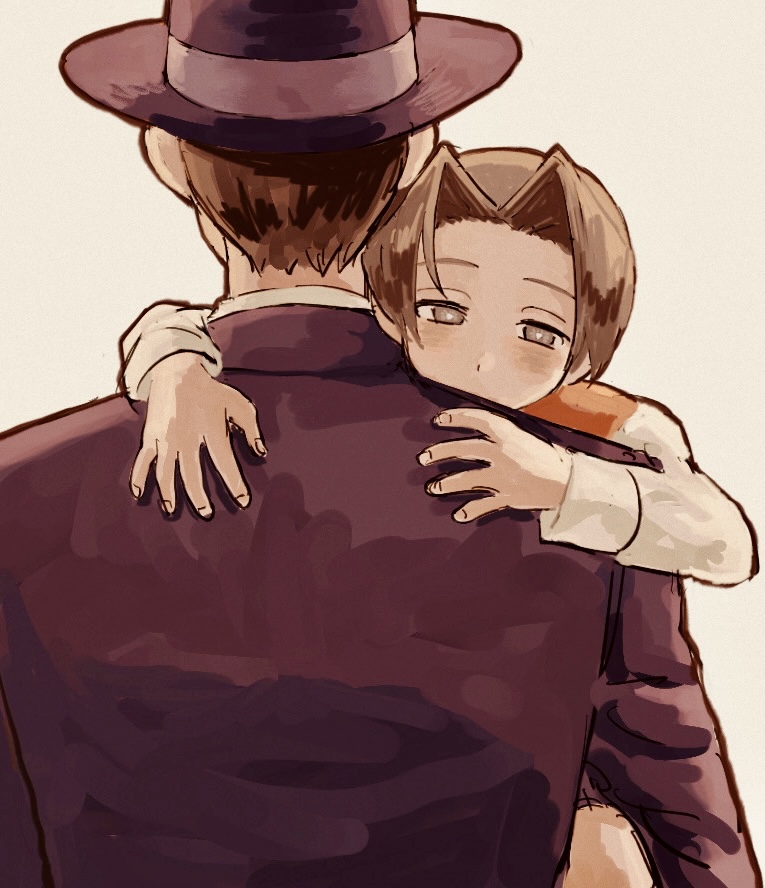 2boys, ace_attorney, bangs, brown_eyes, child, father_and_son, gregory_edgeworth, hat, hug, male_focus, miles_edgeworth, multiple_boys, parent_and_child, parted_bangs, renshu_usodayo, simple_background