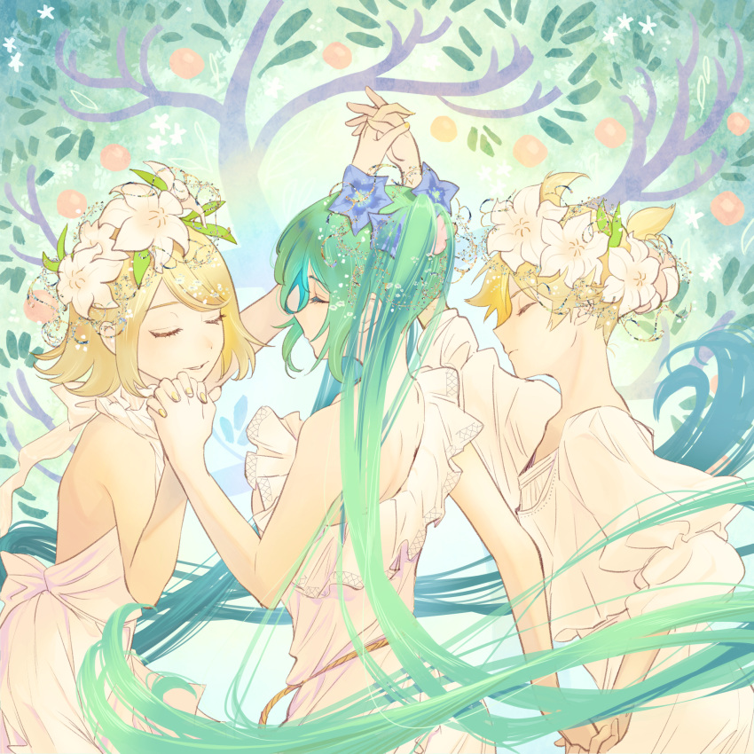 1boy, 2girls, arms_up, backless_dress, backless_outfit, bangs, bare_arms, blonde_hair