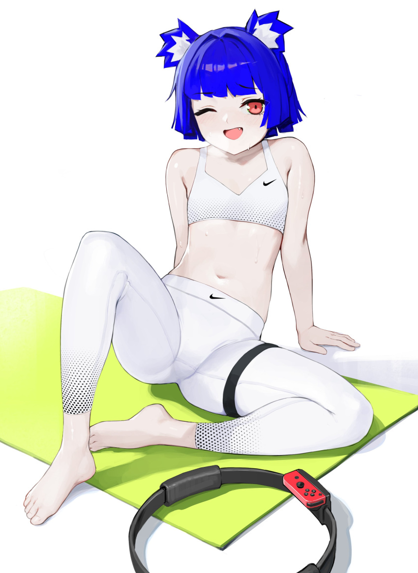 absurdres, animal_ears, barefoot, bear_ears, blue_hair, commentary, exercise, gris_(vertigris)