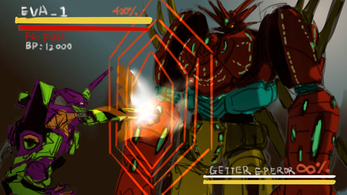 crossover, english_commentary, eva_01, getter_emperor, getter_robo, glowing, glowing_eye, health_bar