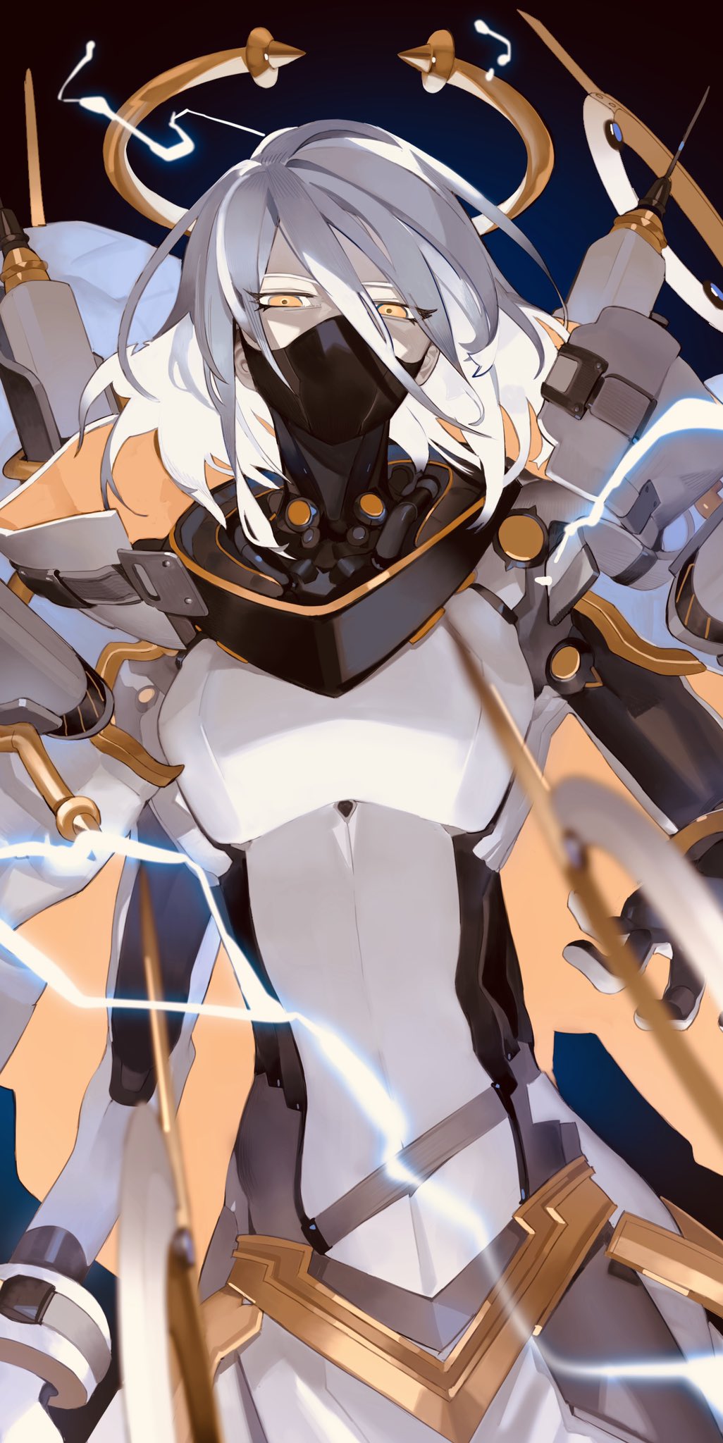 1girl, alchemy_stars, arm_at_side, belt, black_bodysuit, black_mask, blurry, blurry_foreground, bodysuit, breasts, commentary, copyright_request, covered_face, covered_mouth, cowboy_shot, electricity, eyes_visible_through_hair, grey_belt, hair_between_eyes, half-closed_eyes, halo, highres, knifedragon, looking_at_viewer, mask, medium_breasts, medium_hair, michael_(alchemy_stars), mouth_mask, multiple_sources, pale_skin, solo, symbol-only_commentary, tsurime, white_bodysuit, white_hair, yellow_eyes