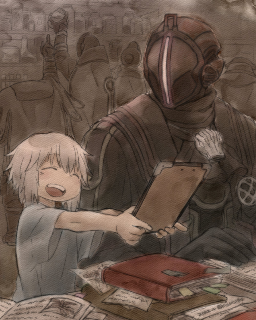 1boy, 5others, absurdres, androgynous, arm_up, black_coat, black_gloves, bondrewd, book, child, closed_eyes, coat, commentary_request, covered_face, flask, gloves, grey_hair, grey_shirt, highres, hisatago, holding, holding_jar, jar, looking_at_another, made_in_abyss, multiple_others, nanachi_(made_in_abyss)_(human), open_book, open_clothes, open_coat, open_mouth, shelf, shirt, short_hair, short_sleeves, sketch, smile, t-shirt, twitter_username, whistle, whistle_around_neck