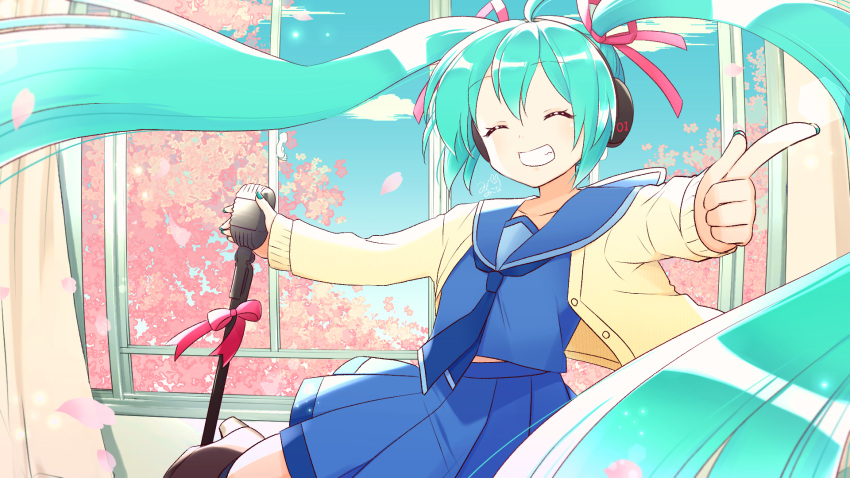1girl, bangs, blue_eyes, blue_hair, cardigan, cherry_blossoms, closed_eyes, curtains