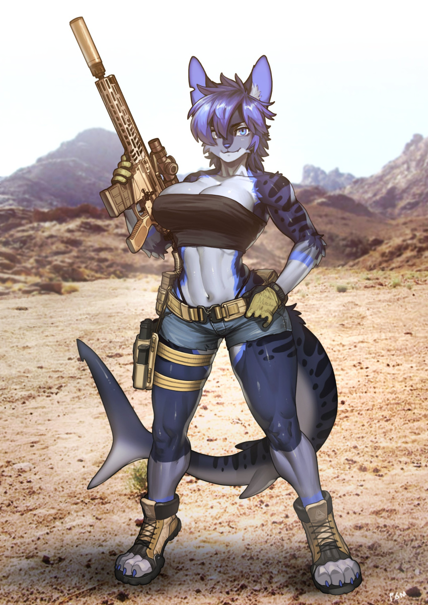 1girl, absurdres, animal_ears, assault_rifle, belt, belt_buckle, blue_eyes, blue_hair
