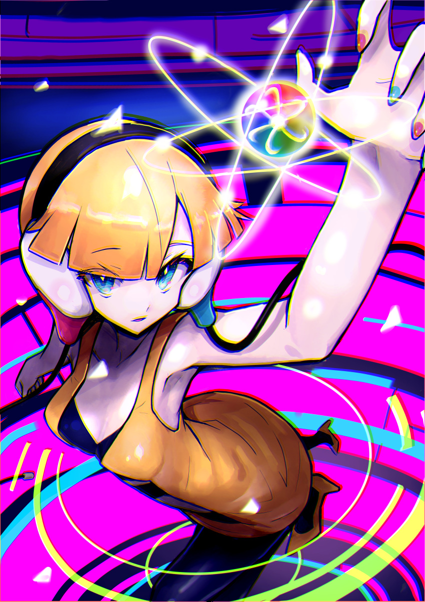 absurdres, bangs, bare_shoulders, black_choker, black_headband, black_legwear, blonde_hair, blue_eyes, blunt_bangs, breasts, choker, elesa_(pokemon), headband, headphones, highres, pantyhose, pokemon, pokemon_(game), pokemon_bw, vest, yaguchi_sumiharu, yellow_vest