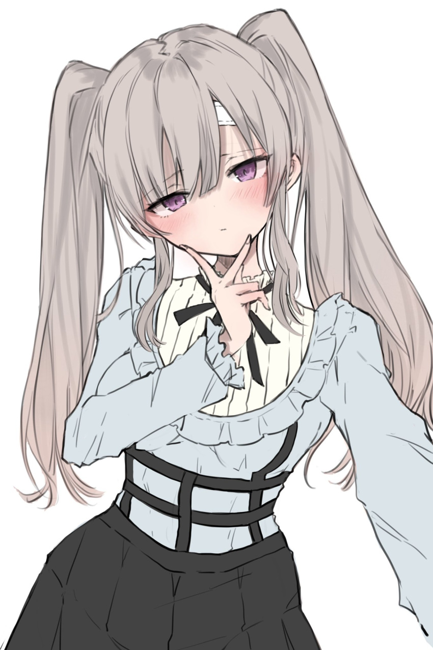 1girl, bandaid, bandaid_on_face, black_skirt, blush, chigasaki_yukari, cosplay, foreshortening, grey_hair, head_tilt, highres, idolmaster, idolmaster_shiny_colors, mayuzumi_fuyuko, mayuzumi_fuyuko_(cosplay), selfie, simple_background, skirt, solo, twintails, v, violet_eyes, white_background, yukoku_kiriko