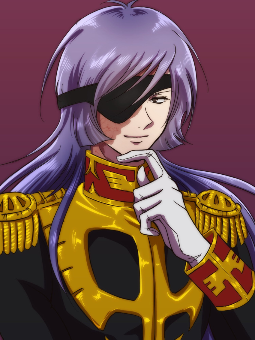 1boy, alternate_universe, black_jacket, eyepatch, finger_to_own_chin, garma_zabi, gloves, gundam, highres, jacket, long_hair, male_focus, mobile_suit_gundam, older, one_eye_covered, portrait, purple_jacket, scar, smile, solo, white_gloves, yuu_(u1989080), zeon